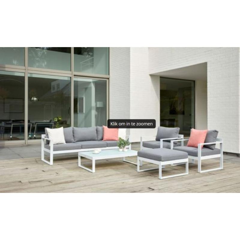 NIEUWE Caldela loungeset in wit aluminium:3-zit,2x1-zit,poef