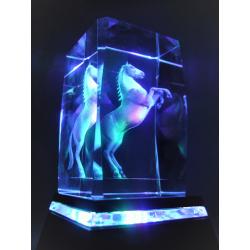 Kristallen glasblok met afbeelding in pixels gelaserd in het glas