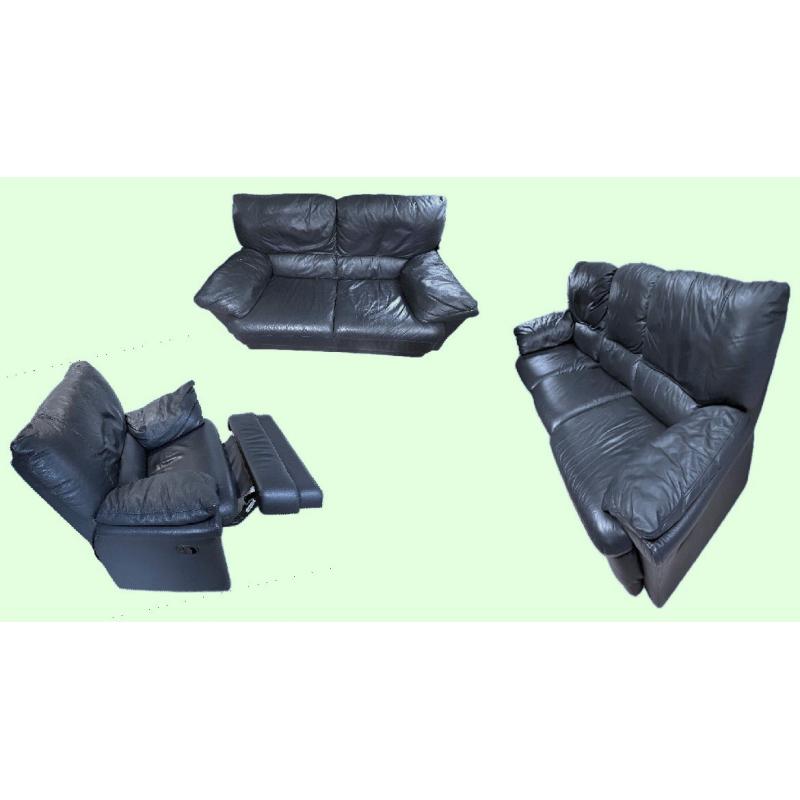 Compleet salon donkerblauw echt leder éénzit relax, driezit relax, tweezit