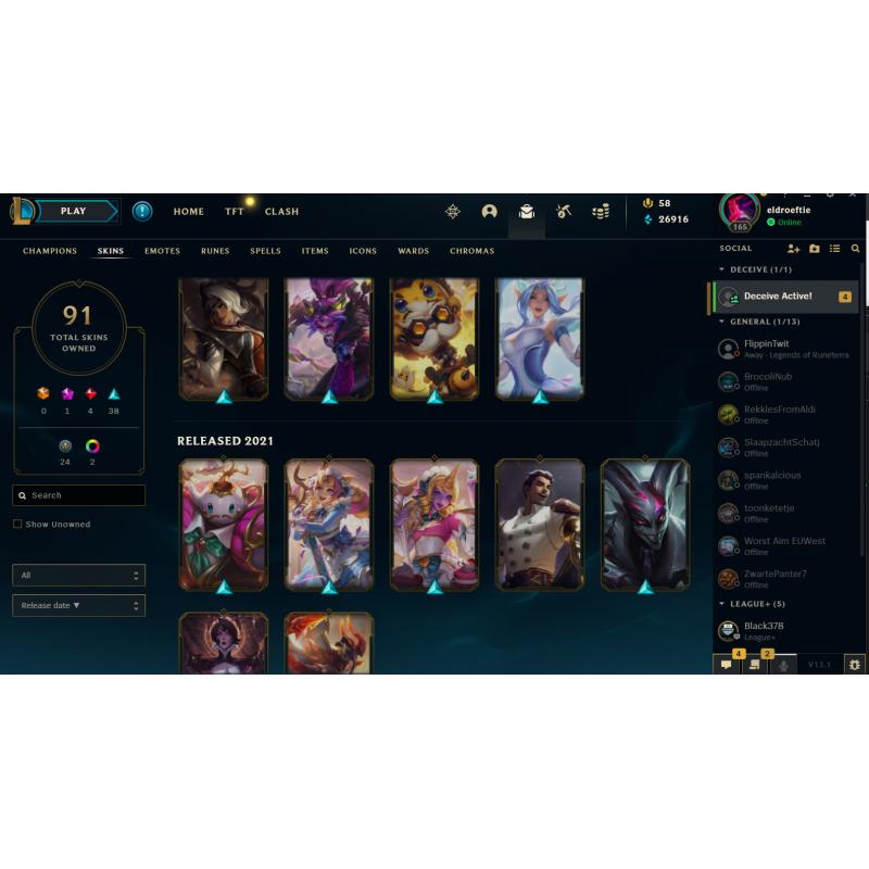 League of legends account plat4 26k BE 91 skins