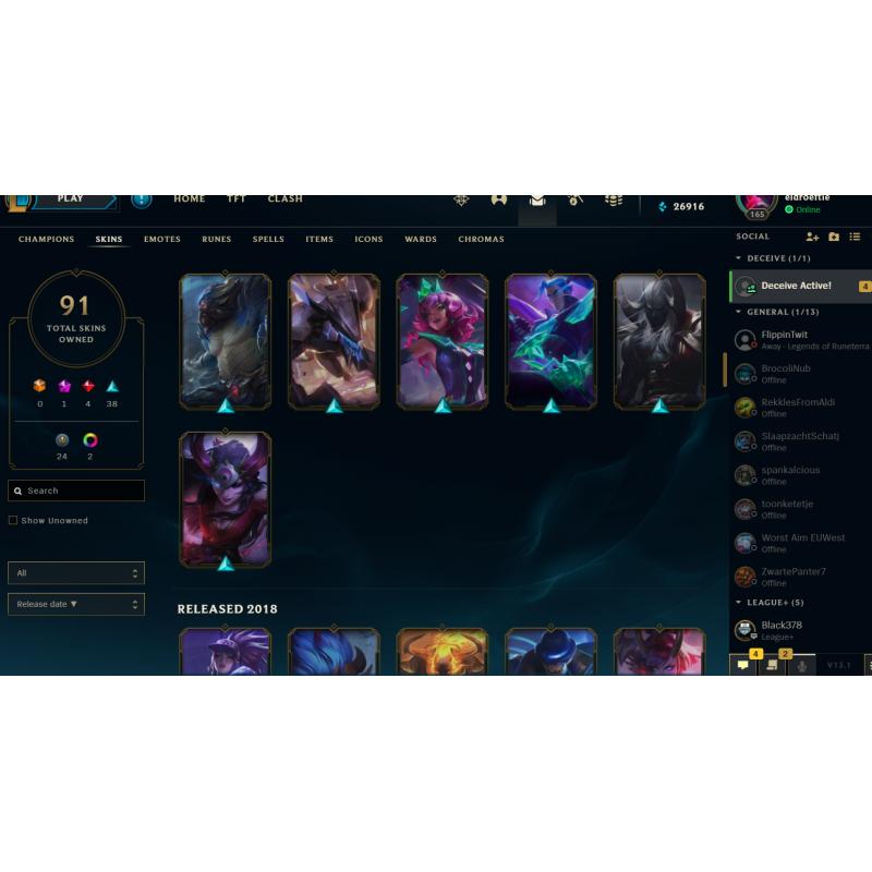 League of legends account plat4 26k BE 91 skins