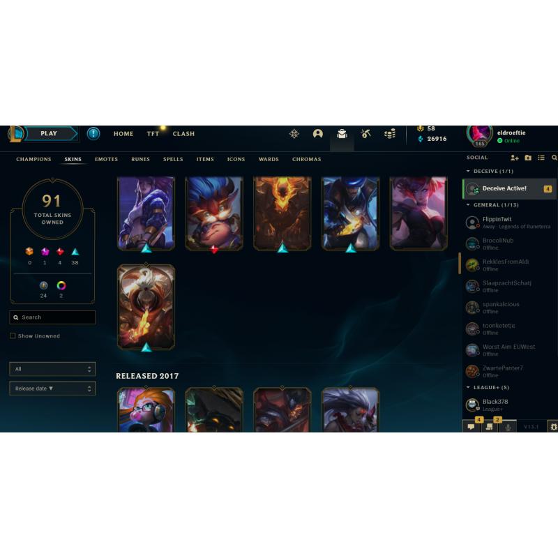League of legends account plat4 26k BE 91 skins