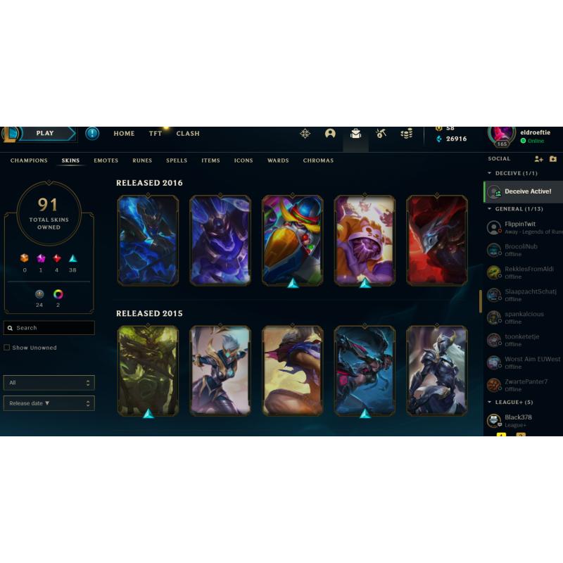 League of legends account plat4 26k BE 91 skins