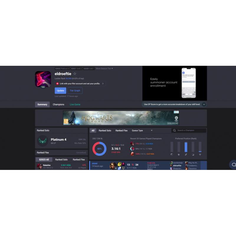 League of legends account plat4 26k BE 91 skins